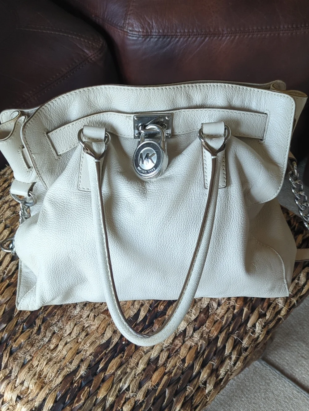 Michael Kors Cream Pebbled Leather Shoulder Bag with MK Charm